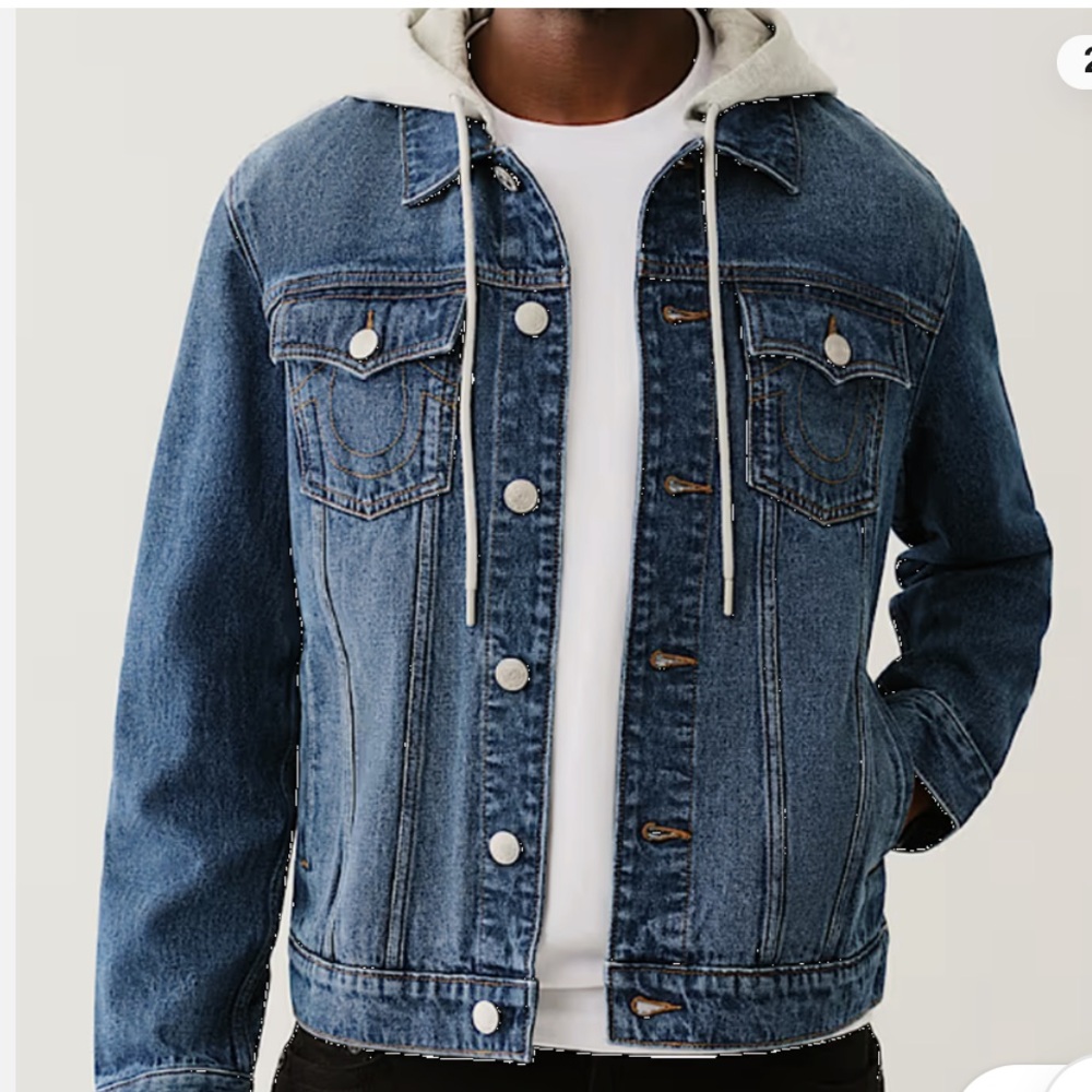 True Religion Blue Denim Jacket with Gray Hood